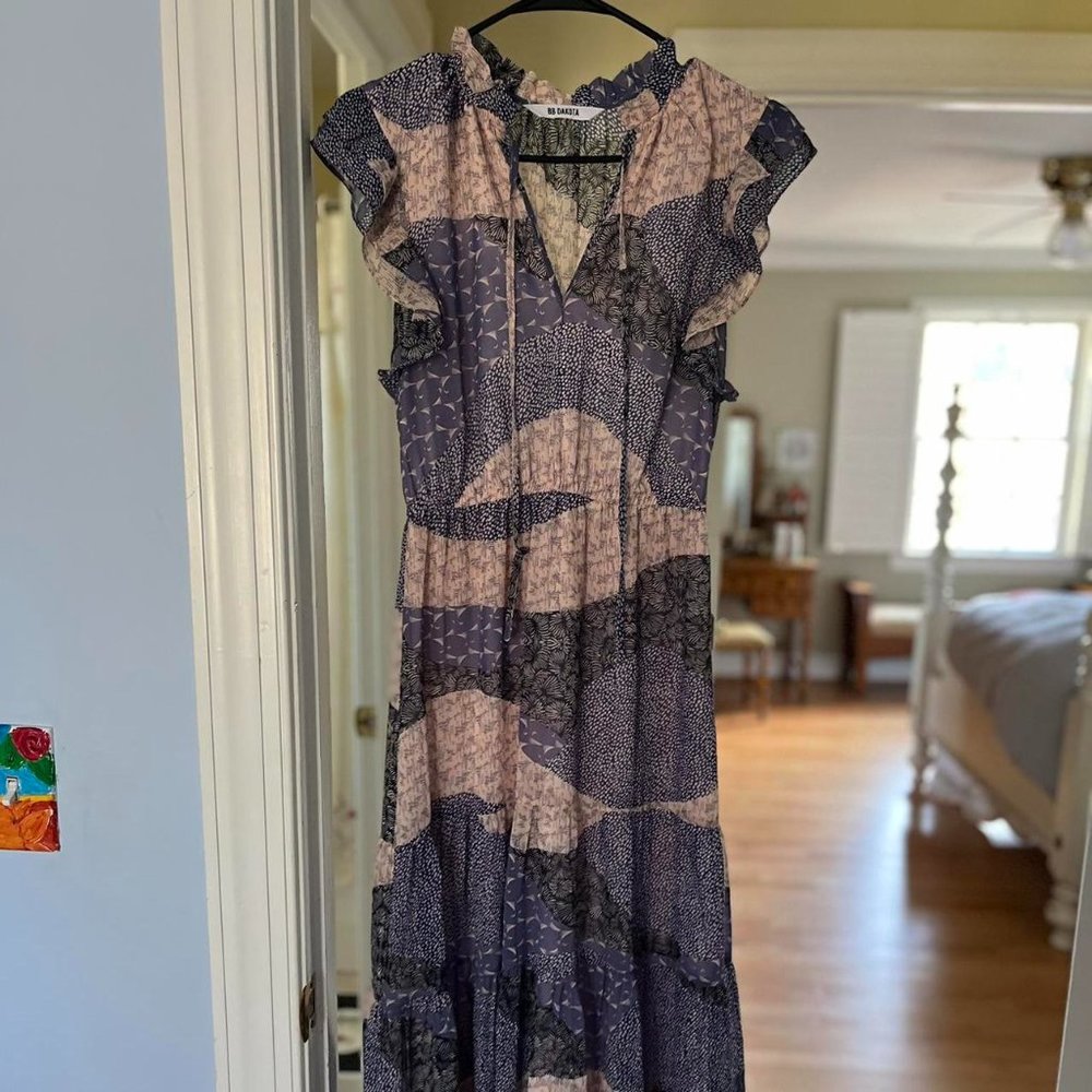 BB dakota milkmaid a-line boho fairycore pink and purple lavender dress midi